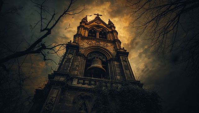 Mysterious gothic bell tower at twilight with dramatic sky