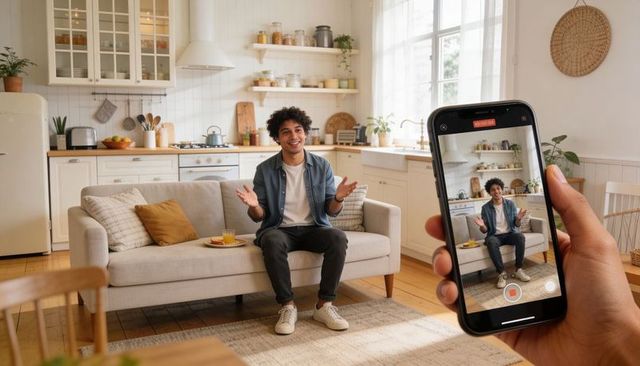 Young content creator filming lifestyle vlog on smartphone in bright kitchen