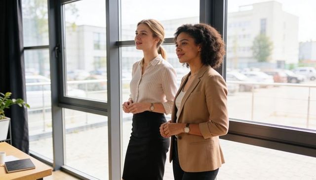 Two female professionals standing by glass walls looking out at urban office, teamwork collaboration