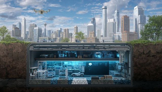 Futuristic underground lab with cityscape and drone