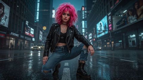 Pink-haired female burglar in leather jacket crouching on neon-lit street