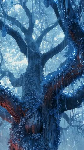 Vertical video showing bioluminescent fungi pulsing on ancient tree with rain falling