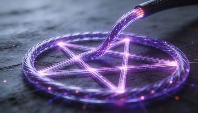 Neon purple fiber-optic pentagram ring with braided cable connector and glowing lines