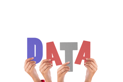 Colorful transparent letters spelling data held by diverse hands