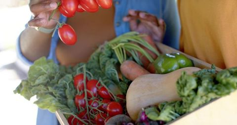 African american couple holding fresh farmers market vegetables in box selecting tomatoes
