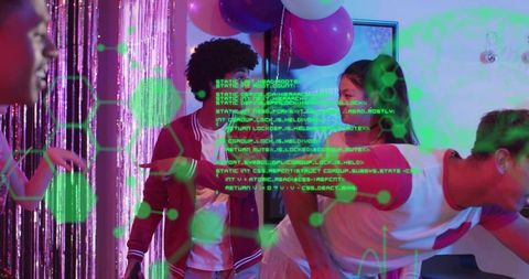 Friends partying in lounge with holographic code overlay, varsity jackets and balloons