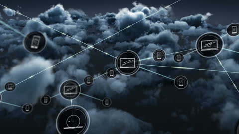 Abstract Digital Network Connecting Icons Over Clouds