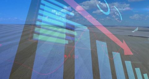 Declining financial analytics overlaying open landscape with downward arrow and bar chart