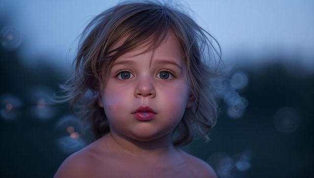 Twilight toddler gazing into camera with soft bokeh, bare shoulders closeup portrait
