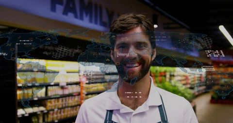 Grocery worker with world map and digital commerce symbolism