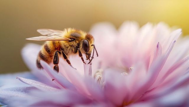 Honey Bee Pollinating Soft Pink Flower with Translucent Wings