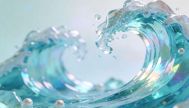 Shimmering iridescent glass wave curling with pearls and crystal droplets, macro abstract