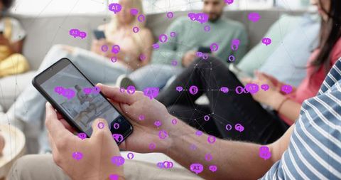 Group using smartphones with purple ai overlay and network graphics on living room sofa