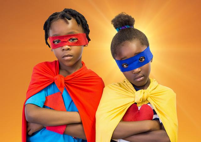 Digital composition of superhero kids with red and yellow capes