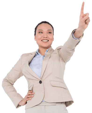 Confident Asian Businesswoman Pointing at Opportunity Transparent Background