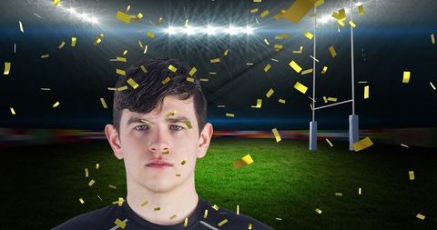 Confetti Falling on Determined Rugby Player in Illuminated Stadium
