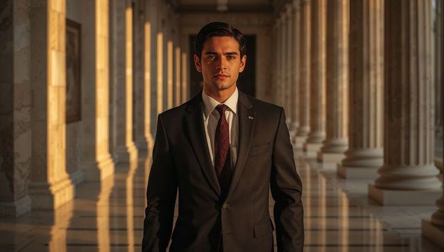 Young executive walking down neoclassical colonnade with dramatic golden hour lighting