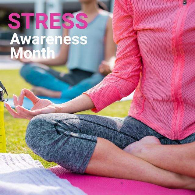 Composition of stress awareness month text over diverse people doing yoga - Download Free Stock Videos Pikwizard.com