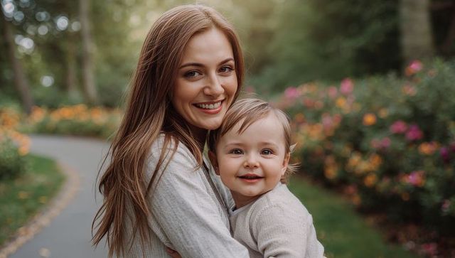 Smiling mother holding toddler on paved park path wearing light knits amid garden blooms