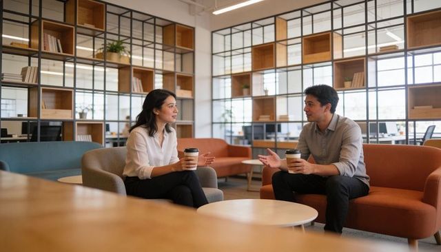 Two colleagues chatting over coffee in modern office lounge holding takeaway cups during break