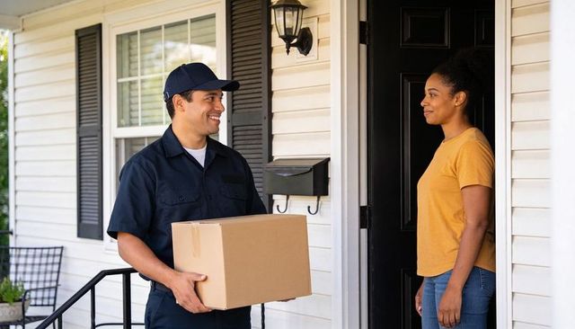Courier delivering cardboard package to woman at doorstep smiling friendly suburban exchange