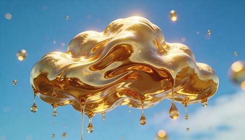 Floating melting gold cloud dripping metal droplets over blue sky, surreal sculpture
