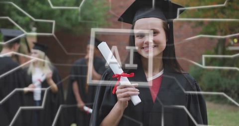 Smiling graduate holding diploma with ai network overlay on campus graduation ceremony