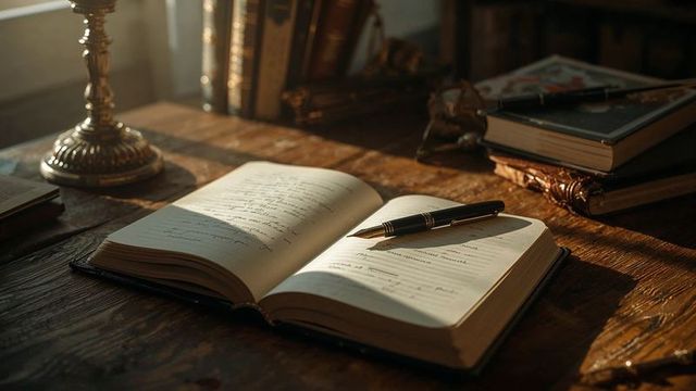 Elegant desk with open journal, books and pen in classic study