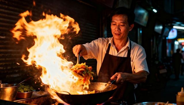 Night market wok chef tossing stir-fry noodles amid towering flame and neon alley