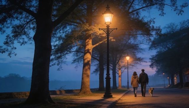 Couple walking dog along misty riverside promenade under glowing vintage lampposts at dusk