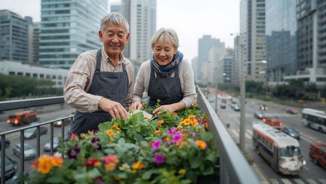 Senior asian couple gardening on urban balcony with colorful flowerbox and city skyline