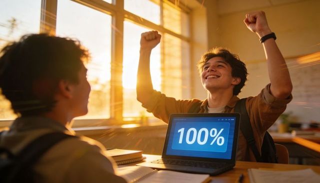 Teen celebrating perfect score 100% on laptop while raising fists in sunlit classroom