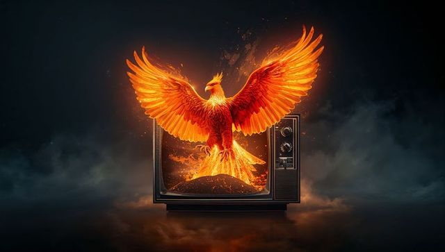 Fiery Phoenix Emerging from Vintage TV in Surreal Art