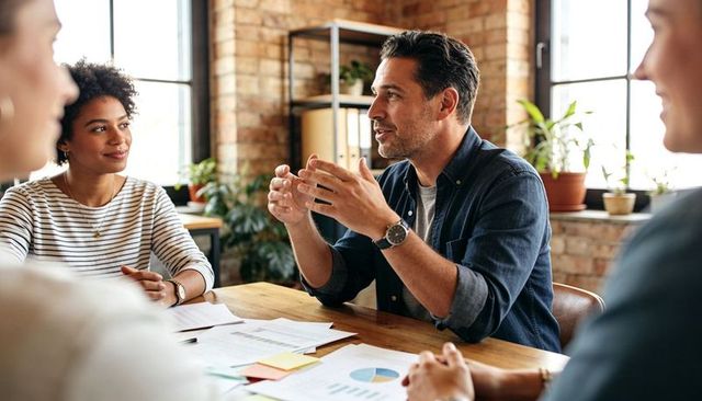 Man speaking and gesturing while leading collaborative meeting around loft table