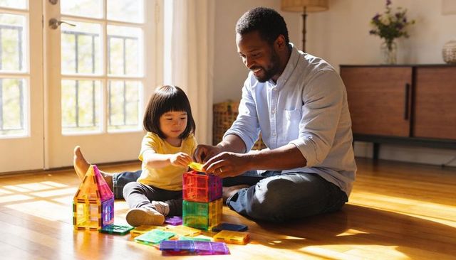 Caregiver guiding child building colorful magnetic tile tower on sunlit hardwood floor