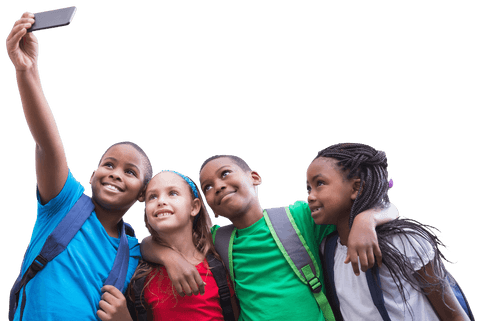 Diverse Schoolchildren Taking Selfie Celebrating Friendship on Transparent Background