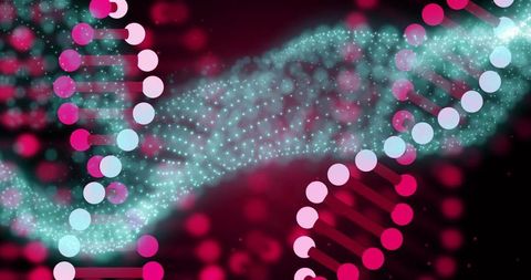 Neon dna helix with magenta nodes and teal particle ribbon for biotechnology design