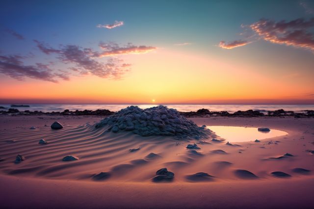 Landscape of beach with rocks over sea, blue sky and sunset, created using generative ai technology - Download Free Stock Photos Pikwizard.com