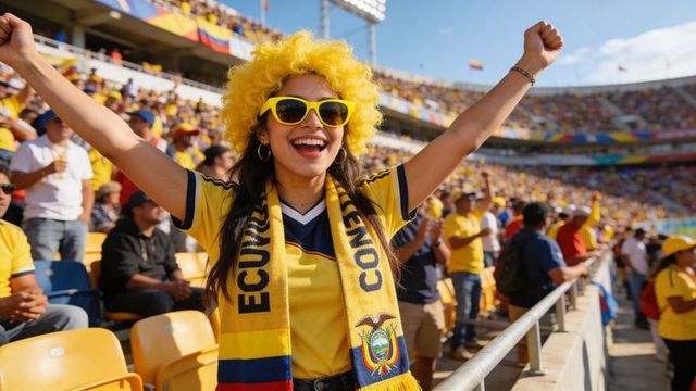 Ecuador fan cheering in yellow wig and jersey raising arms in packed soccer stadium