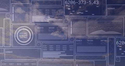 Futuristic hud dashboard overlay with translucent data panels floating over cloudy sky