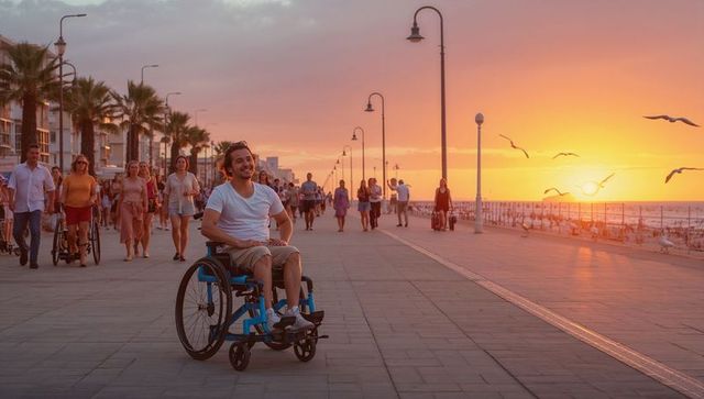 Smiling man propelling wheelchair along palm-lined seaside promenade at golden hour sunset
