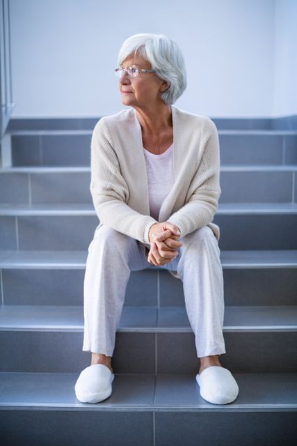 Elderly woman with white hair and glasses sitting on hospital stairs, looking thoughtful. She is wearing a light cardigan and comfortable clothing. This image can be used for healthcare, senior care, medical facilities, patient stories, and mental health awareness.