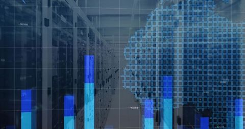 Blue digital data center aisle with server racks and translucent analytics bars overlay