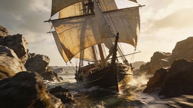 Sailing wooden ship navigating narrow rocky channel at golden hour with backlit sails