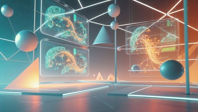 Futuristic holographic data simulation with vibrant neon grid