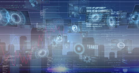 Futuristic Digital Interface Overlays on Urban Skyline