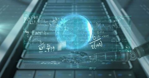 Futuristic ai robot hand holds digital globe with data charts