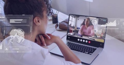 Remote collaboration laptop video call with augmented data overlays for business analysis