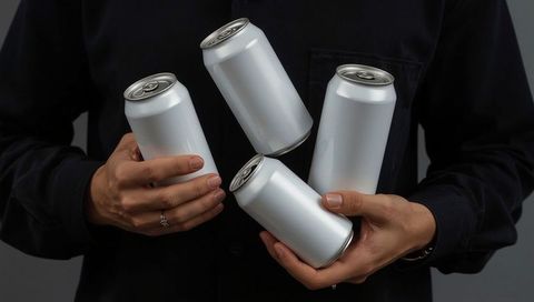 Man juggling blank aluminum cans against gray wall