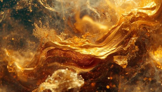 Molten golden ribbon with metallic particles in dynamic display